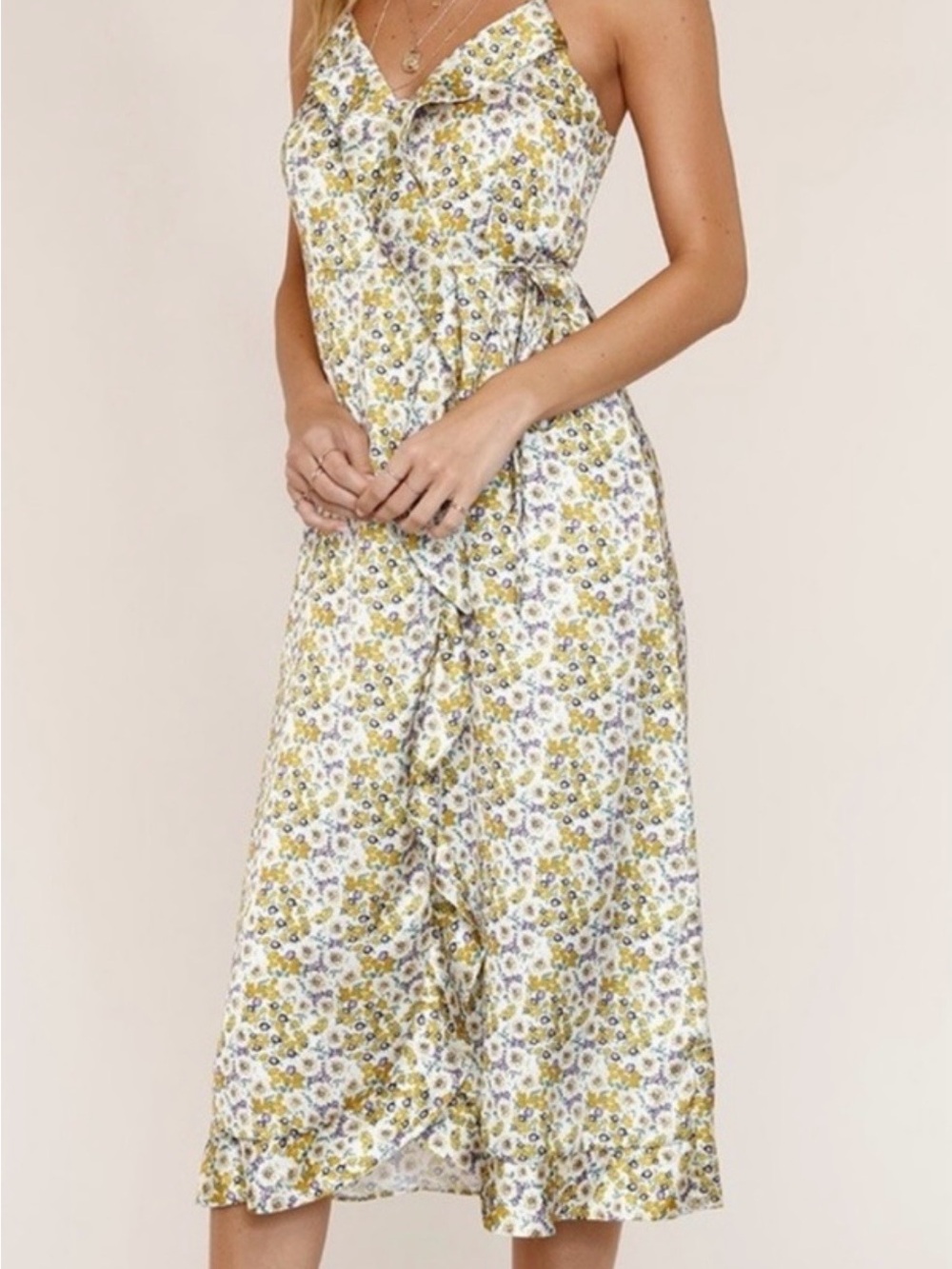 Heartloom Yellow Floral Midi Wrap Slip Dress